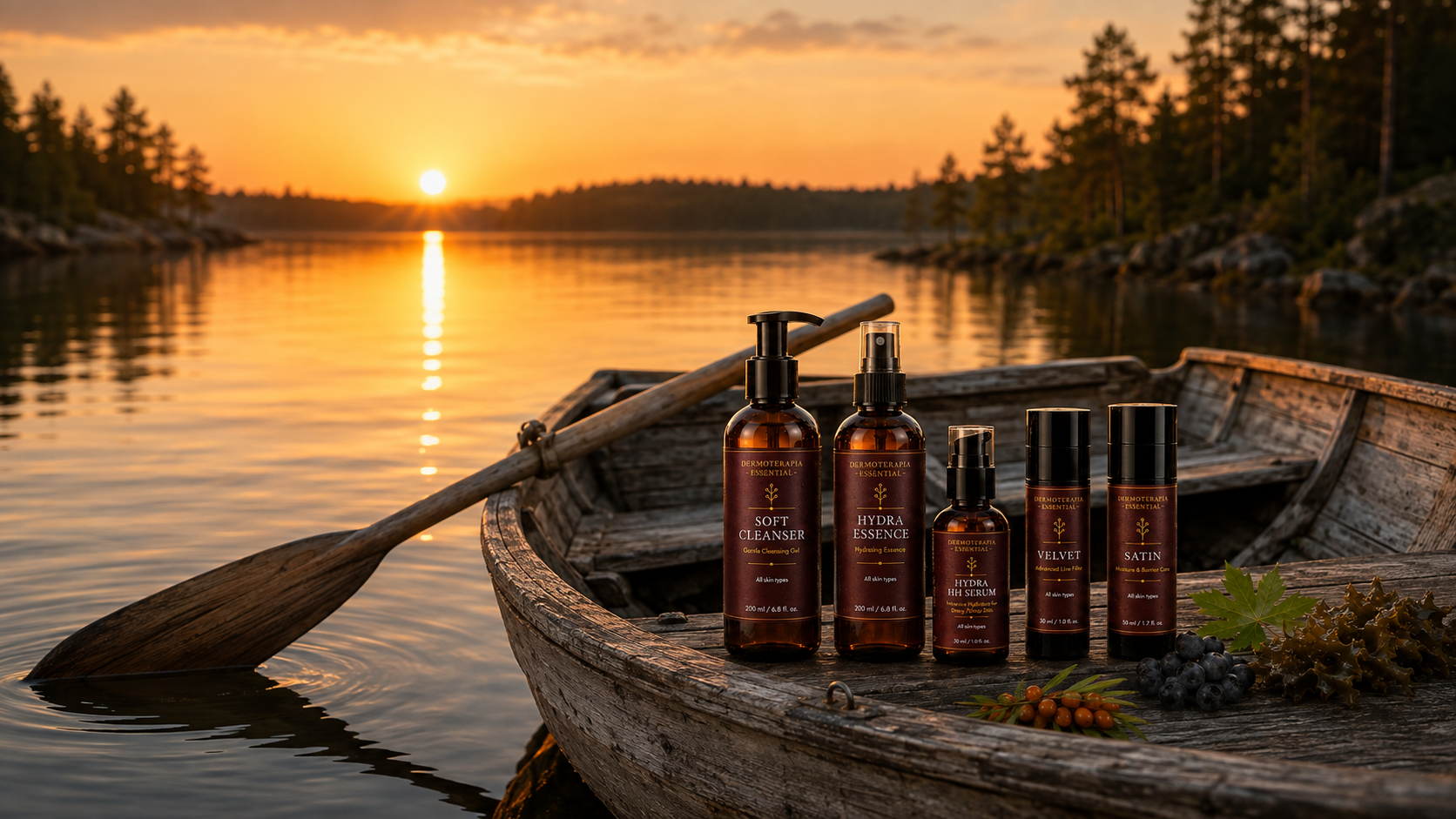 Dermoterapia Essential -tuotesarja soutuveneessä suomalaisella järvellä auringonlaskussa