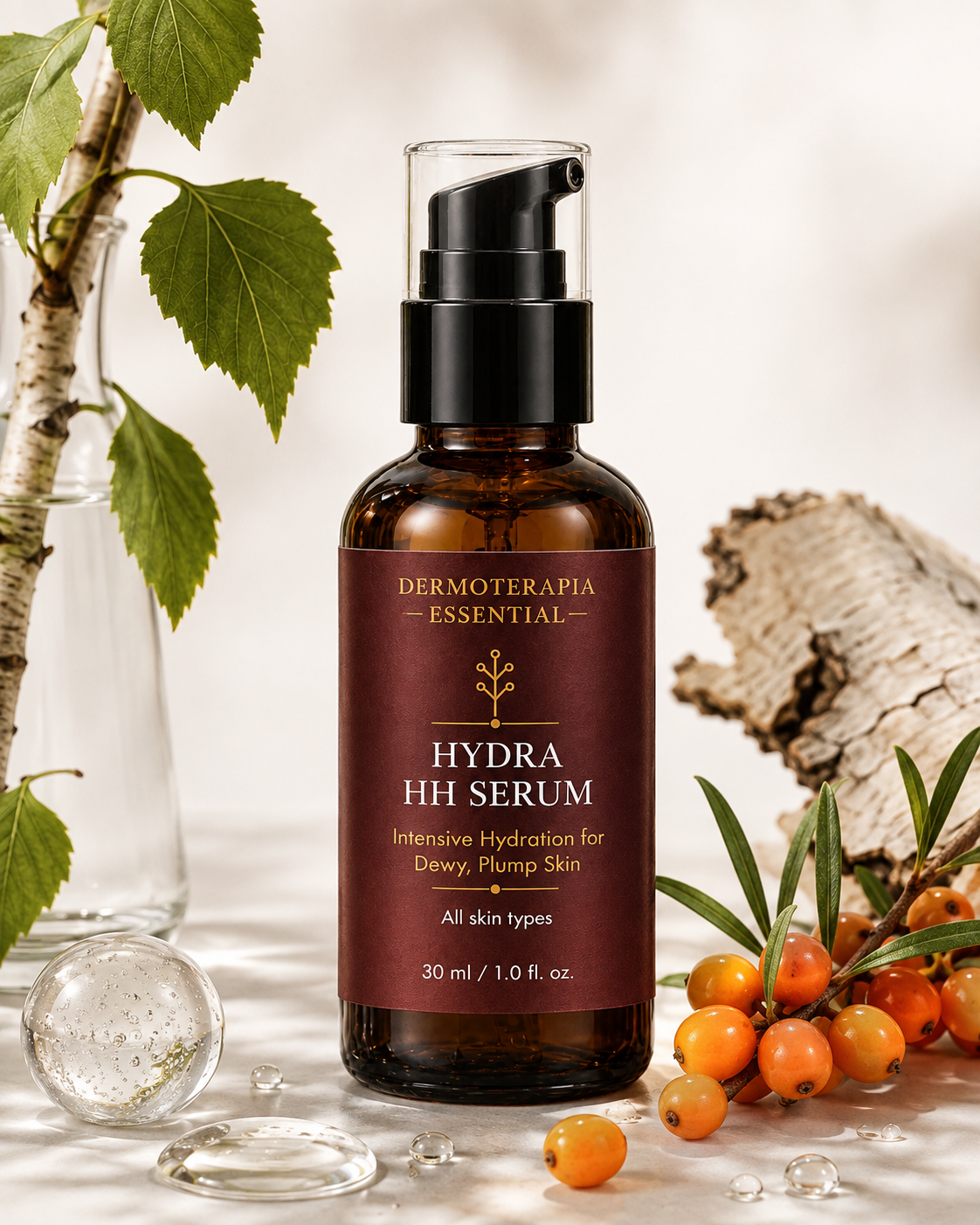 Hydra HH Serum 30 ml ruskea lasipullo, vieressä koivunoksa ja tyrnimarjoja