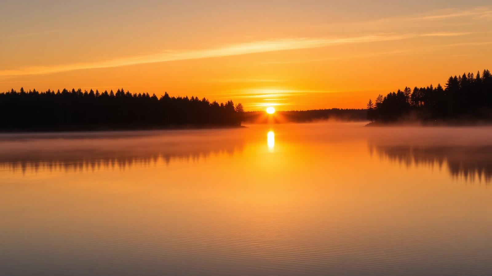 Tyyni suomalainen järvi ja sumu iltavalossa